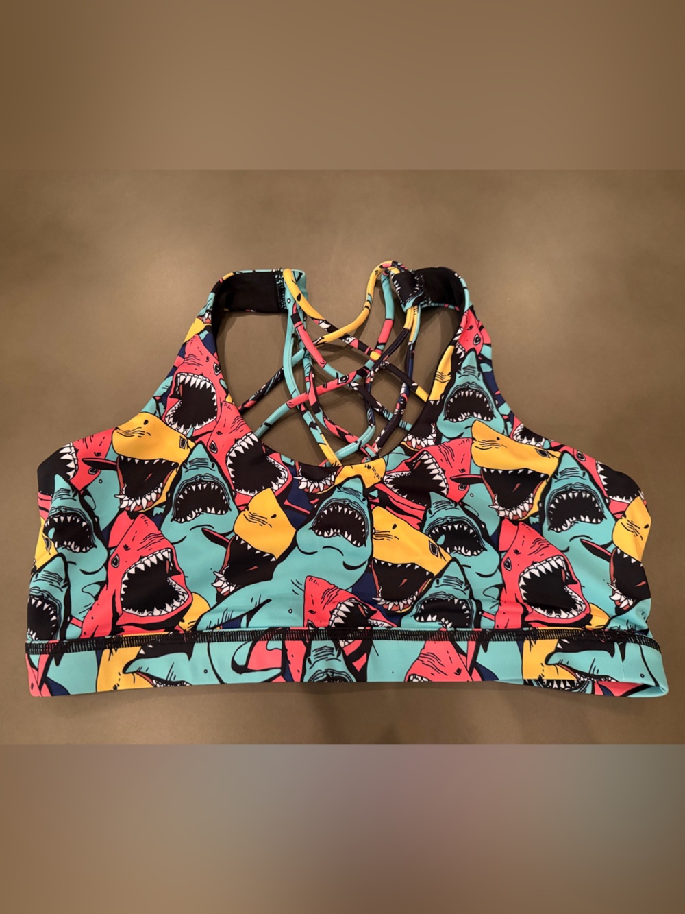 Constantly Varied Gear Shark-Print Sports Bra in Teal, Pink & Yellow